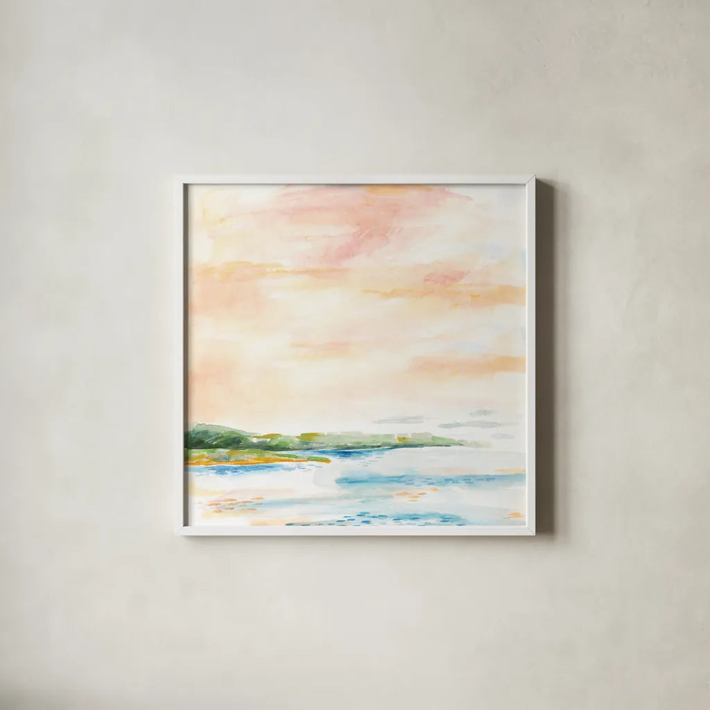 Morning Bay by Sue Schlabach. Shown in a crisp white glass frame for a clean and minimalist style. Available as an archival giclee rolled canvas, fine art paper, or poster print. SKU 63418a.