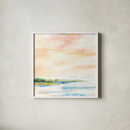 Morning Bay by Sue Schlabach. Shown in a crisp white glass frame for a clean and minimalist style. Available as an archival giclee rolled canvas, fine art paper, or poster print. SKU 63418a.