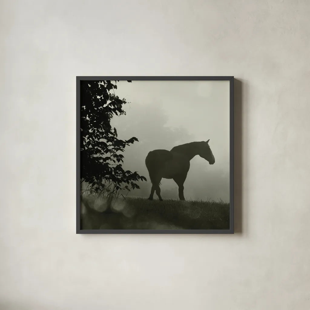 Morning Meadow Horses II by Sue Schlabach. Shown in a sleek black glass frame for a contemporary gallery look. Available as an archival giclee rolled canvas, fine art paper, or poster print. SKU 44570a.