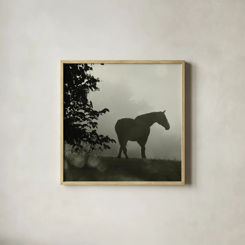 Morning Meadow Horses II by Sue Schlabach. Shown in a natural wood glass frame for a timeless modern aesthetic. Available as an archival giclee rolled canvas, fine art paper, or poster print. SKU 44570a.