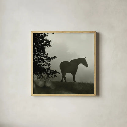 Morning Meadow Horses II by Sue Schlabach. Shown in a natural wood glass frame for a timeless modern aesthetic. Available as an archival giclee rolled canvas, fine art paper, or poster print. SKU 44570a.