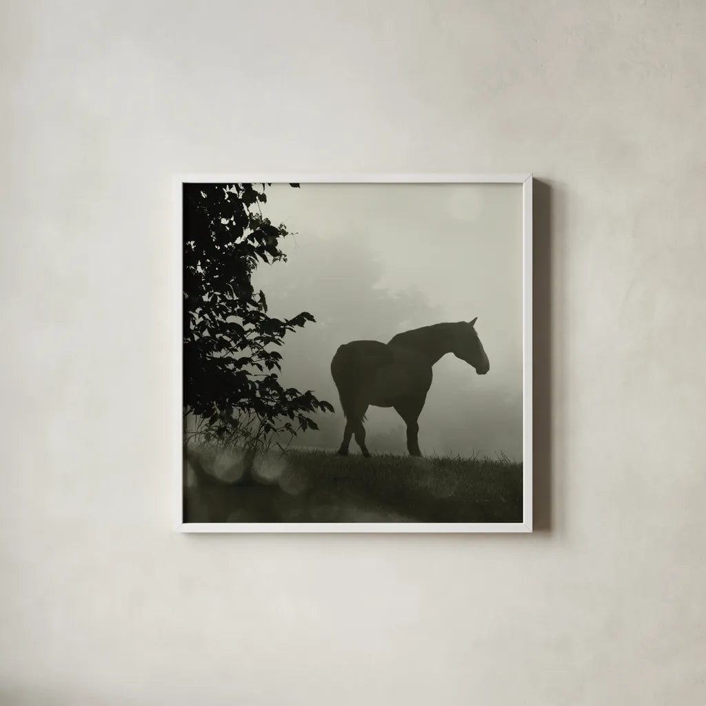 Morning Meadow Horses II by Sue Schlabach. Shown in a crisp white glass frame for a clean and minimalist style. Available as an archival giclee rolled canvas, fine art paper, or poster print. SKU 44570a.