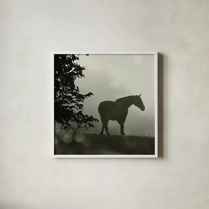 Morning Meadow Horses II by Sue Schlabach. Shown in a crisp white glass frame for a clean and minimalist style. Available as an archival giclee rolled canvas, fine art paper, or poster print. SKU 44570a.