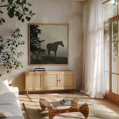 Morning Meadow Horses II by Sue Schlabach. Shown in a natural wood frame in a cozy modern living room. Available as an archival giclee rolled canvas, fine art paper, or poster print. SKU 44570a.