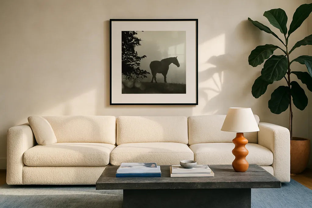 Morning Meadow Horses II by Sue Schlabach. Displayed in a glass frame with matte in a clean modern living room. Available as an archival giclee rolled canvas, fine art paper, or poster print. SKU 44570a.