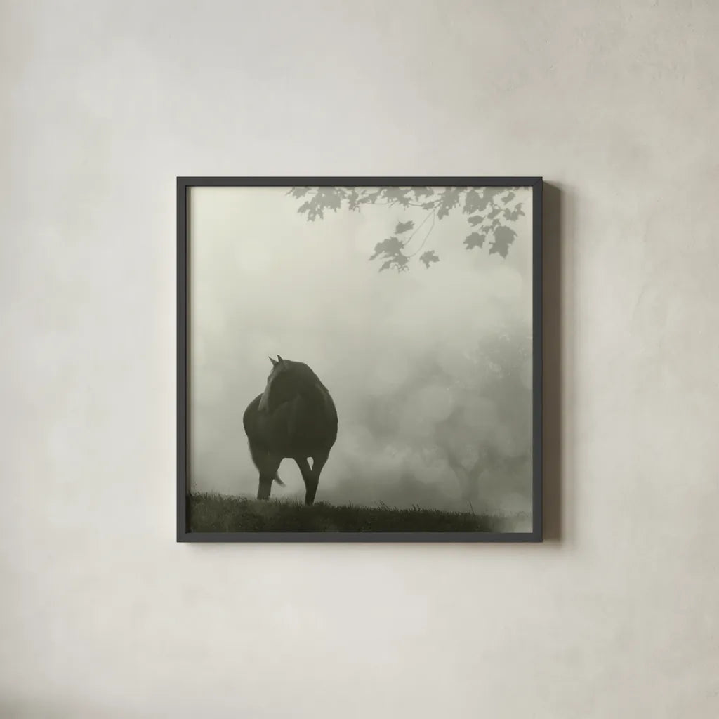 Morning Meadow Horses III by Sue Schlabach. Shown in a sleek black glass frame for a contemporary gallery look. Available as an archival giclee rolled canvas, fine art paper, or poster print. SKU 44571a.