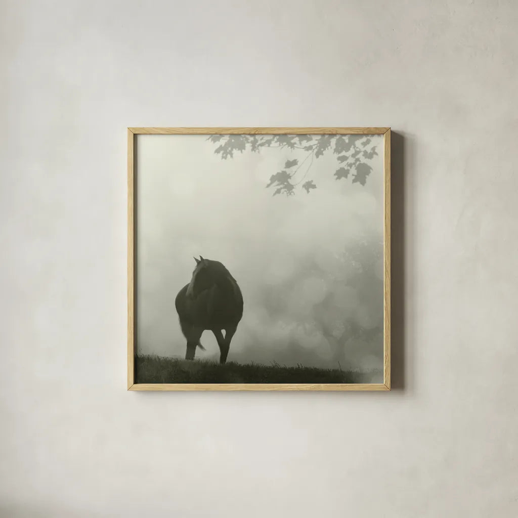 Morning Meadow Horses III by Sue Schlabach. Shown in a natural wood glass frame for a timeless modern aesthetic. Available as an archival giclee rolled canvas, fine art paper, or poster print. SKU 44571a.