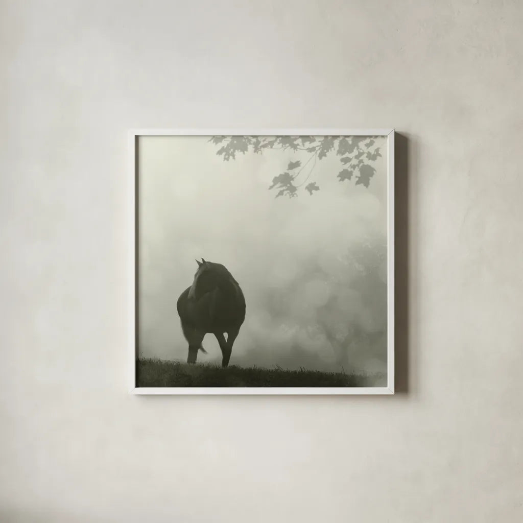 Morning Meadow Horses III by Sue Schlabach. Shown in a crisp white glass frame for a clean and minimalist style. Available as an archival giclee rolled canvas, fine art paper, or poster print. SKU 44571a.