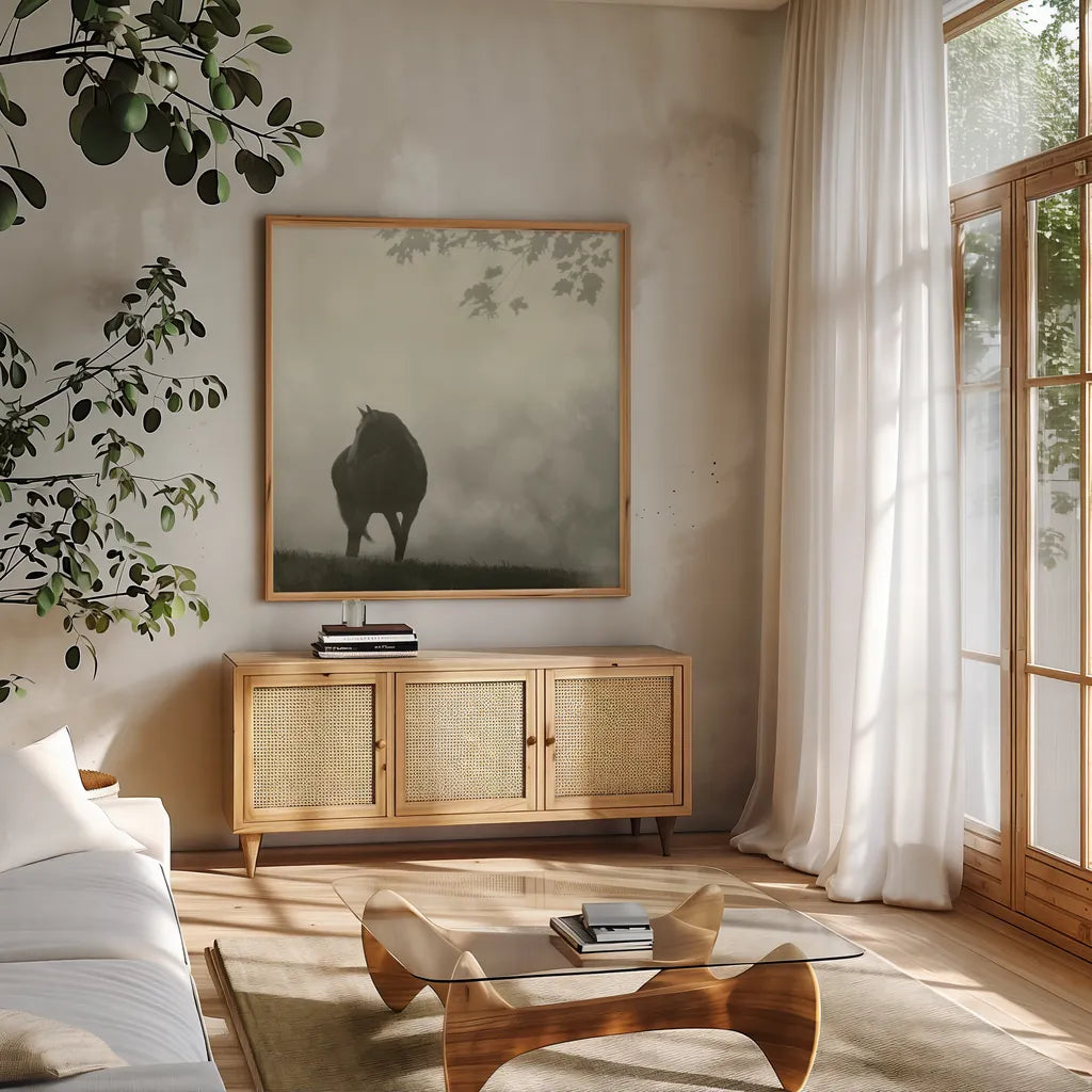 Morning Meadow Horses III by Sue Schlabach. Shown in a natural wood frame in a cozy modern living room. Available as an archival giclee rolled canvas, fine art paper, or poster print. SKU 44571a.