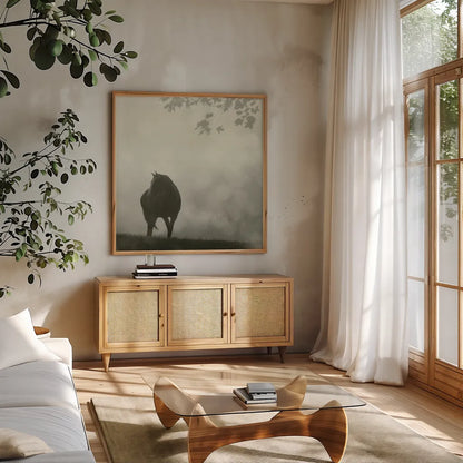 Morning Meadow Horses III by Sue Schlabach. Shown in a natural wood frame in a cozy modern living room. Available as an archival giclee rolled canvas, fine art paper, or poster print. SKU 44571a.