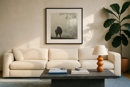 Morning Meadow Horses III by Sue Schlabach. Displayed in a glass frame with matte in a clean modern living room. Available as an archival giclee rolled canvas, fine art paper, or poster print. SKU 44571a.