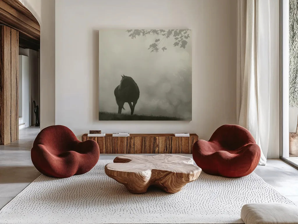 Morning Meadow Horses III by Sue Schlabach. Shown as extra-large giant wall art in a modern living room. Available as an archival giclee rolled canvas, fine art paper, or poster print. SKU 44571a.