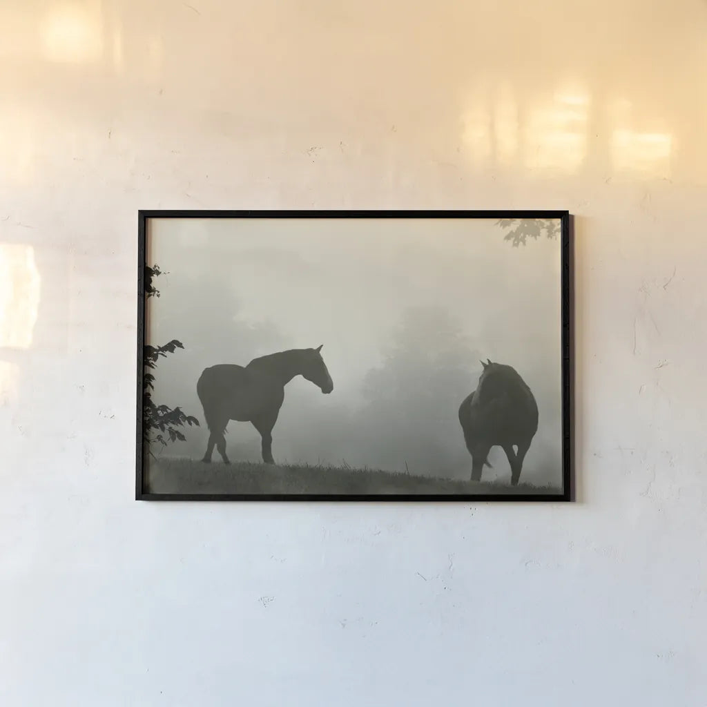 Morning Meadow Horses IV by Sue Schlabach. shown as a paper print in a black flame. Available as a archival giclee rolled canvas, fine art paper, or poster print. SKU 101288i.
