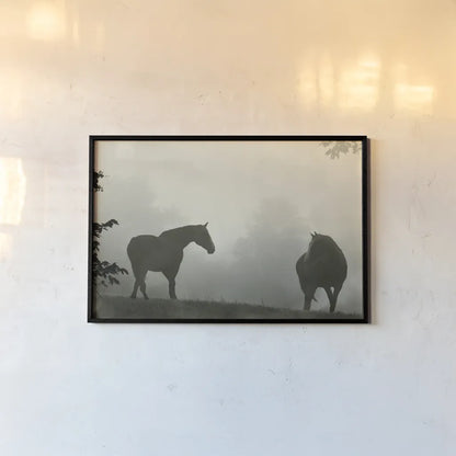 Morning Meadow Horses IV by Sue Schlabach. shown as a paper print in a black flame. Available as a archival giclee rolled canvas, fine art paper, or poster print. SKU 101288i.