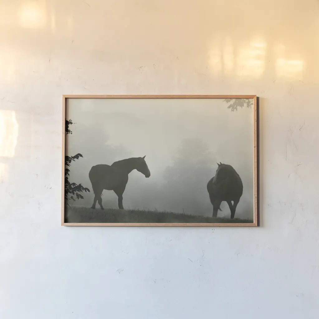 Morning Meadow Horses IV by Sue Schlabach. shown as a paper print in a natural frame. Available as a archival giclee rolled canvas, fine art paper, or poster print. SKU 101288i.