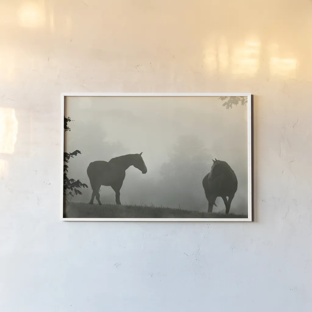 Morning Meadow Horses IV by Sue Schlabach. shown as a paper print in a white frame. Available as a archival giclee rolled canvas, fine art paper, or poster print. SKU 101288i.