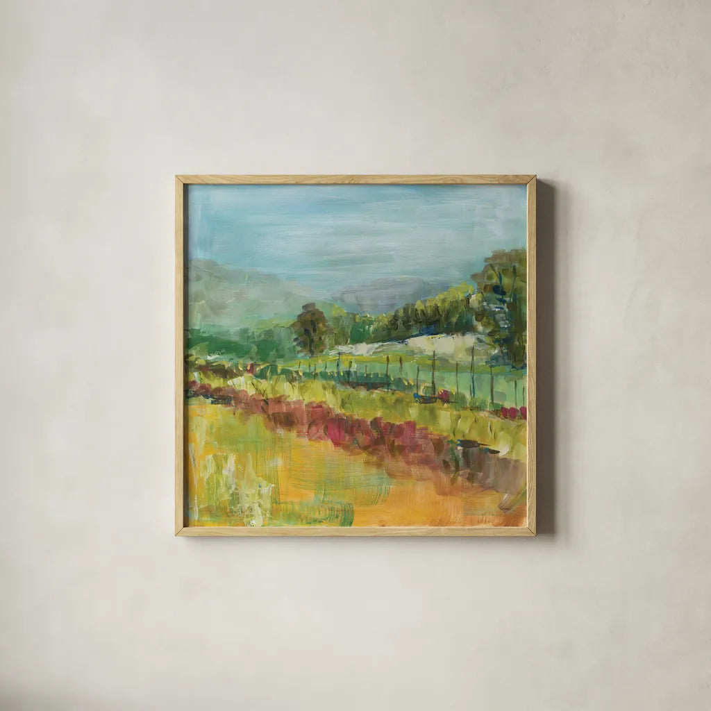 Mountain Garden by Sue Schlabach. Shown in a natural wood glass frame for a timeless modern aesthetic. Available as an archival giclee rolled canvas, fine art paper, or poster print. SKU 38102a.
