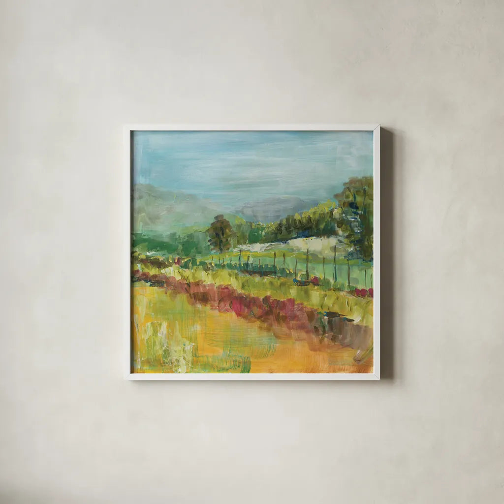 Mountain Garden by Sue Schlabach. Shown in a crisp white glass frame for a clean and minimalist style. Available as an archival giclee rolled canvas, fine art paper, or poster print. SKU 38102a.