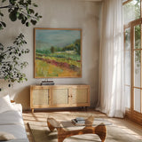 Mountain Garden by Sue Schlabach. Shown in a natural wood frame in a cozy modern living room. Available as an archival giclee rolled canvas, fine art paper, or poster print. SKU 38102a.