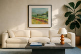 Mountain Garden by Sue Schlabach. Displayed in a glass frame with matte in a clean modern living room. Available as an archival giclee rolled canvas, fine art paper, or poster print. SKU 38102a.