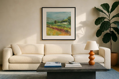 Mountain Garden by Sue Schlabach. Displayed in a glass frame with matte in a clean modern living room. Available as an archival giclee rolled canvas, fine art paper, or poster print. SKU 38102a.