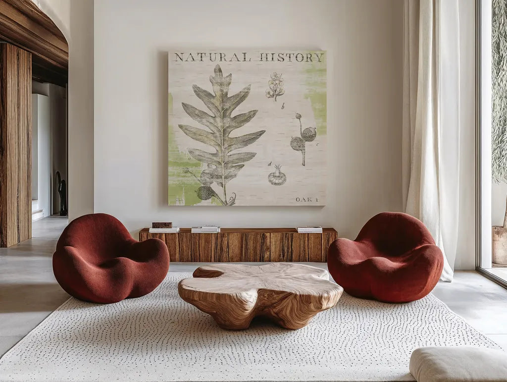 Natural History Oak I by Sue Schlabach. Shown as extra-large giant wall art in a modern living room. Available as an archival giclee rolled canvas, fine art paper, or poster print. SKU 18703a.