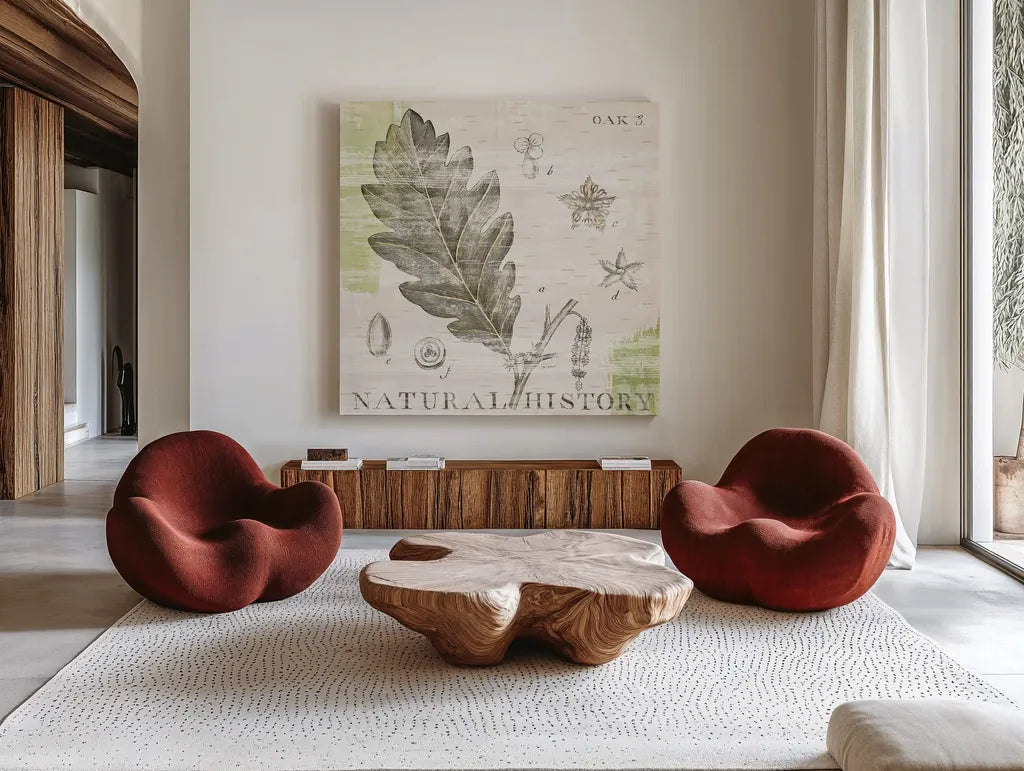 Natural History Oak III by Sue Schlabach. Shown as extra-large giant wall art in a modern living room. Available as an archival giclee rolled canvas, fine art paper, or poster print. SKU 18705a.