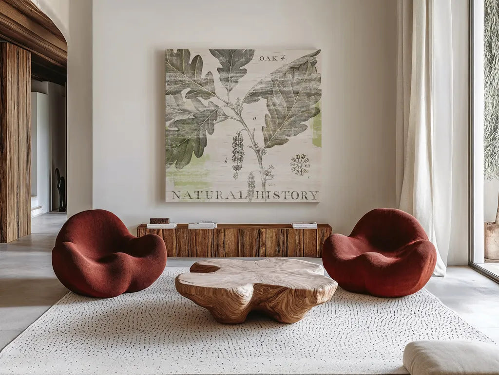 Natural History Oak IV by Sue Schlabach. Shown as extra-large giant wall art in a modern living room. Available as an archival giclee rolled canvas, fine art paper, or poster print. SKU 18706a.