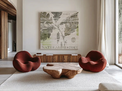 Natural History Oak IV by Sue Schlabach. Shown as extra-large giant wall art in a modern living room. Available as an archival giclee rolled canvas, fine art paper, or poster print. SKU 18706a.