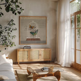 Nature Under Glass II by Sue Schlabach. Shown in a natural wood frame in a cozy modern living room. Available as an archival giclee rolled canvas, fine art paper, or poster print. SKU 44737a.