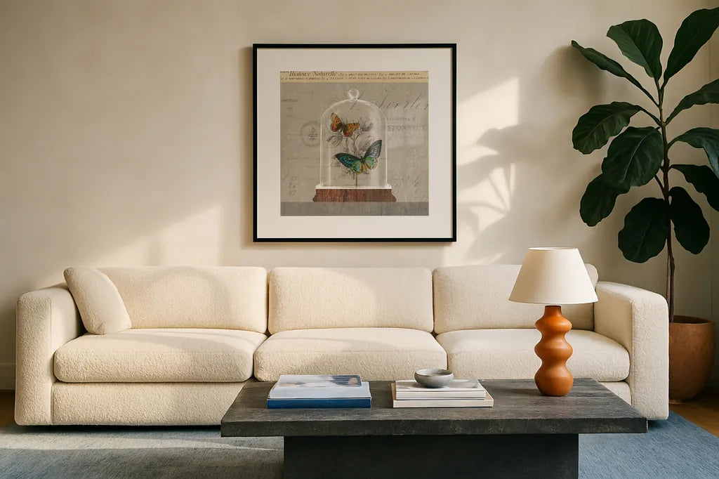 Nature Under Glass II by Sue Schlabach. Displayed in a glass frame with matte in a clean modern living room. Available as an archival giclee rolled canvas, fine art paper, or poster print. SKU 44737a.