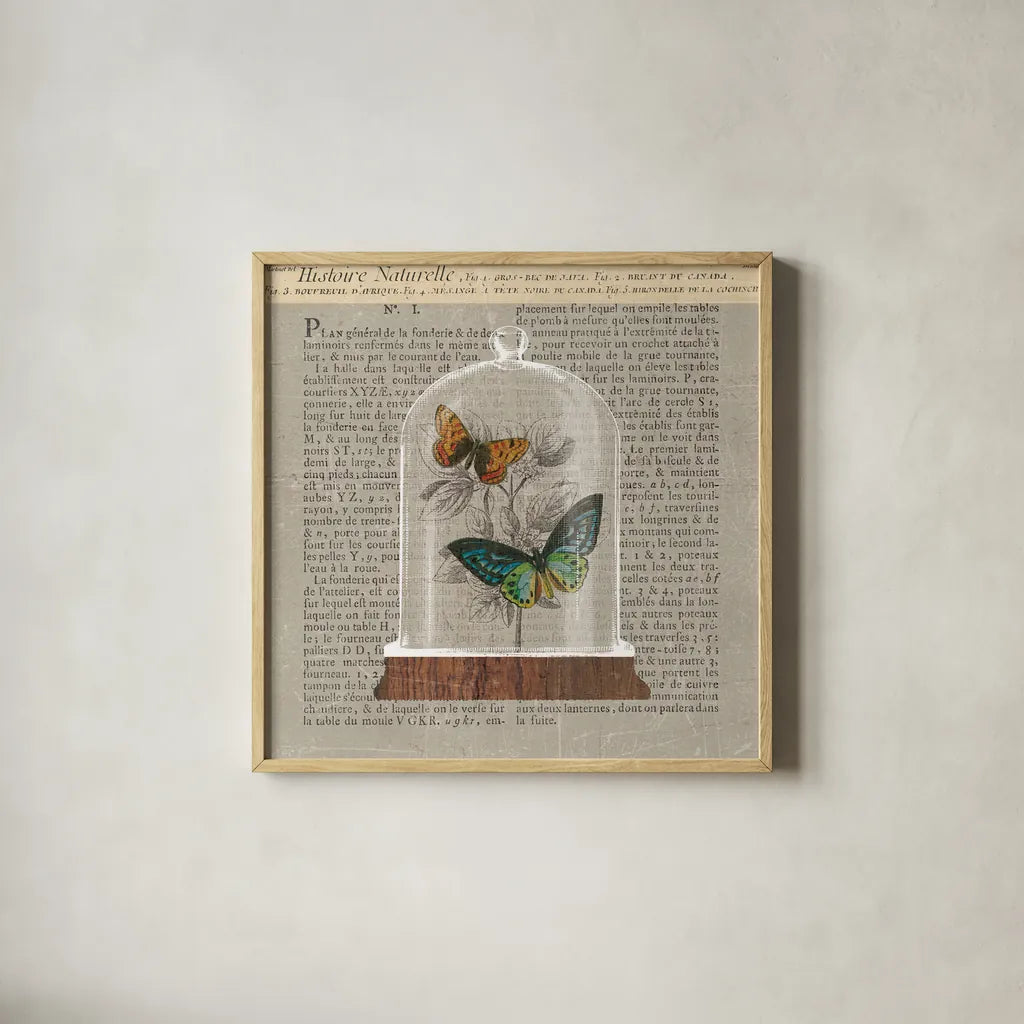 Nature Under Glass Newsprint II by Sue Schlabach. Shown in a natural wood glass frame for a timeless modern aesthetic. Available as an archival giclee rolled canvas, fine art paper, or poster print. SKU 44734a.