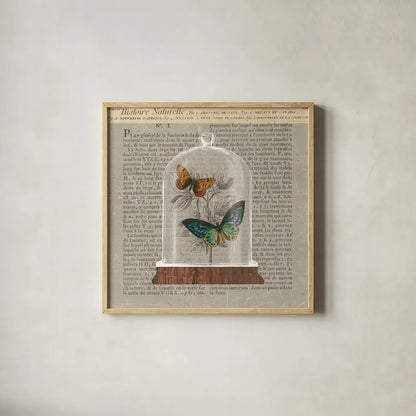 Nature Under Glass Newsprint II by Sue Schlabach. Shown in a natural wood glass frame for a timeless modern aesthetic. Available as an archival giclee rolled canvas, fine art paper, or poster print. SKU 44734a.