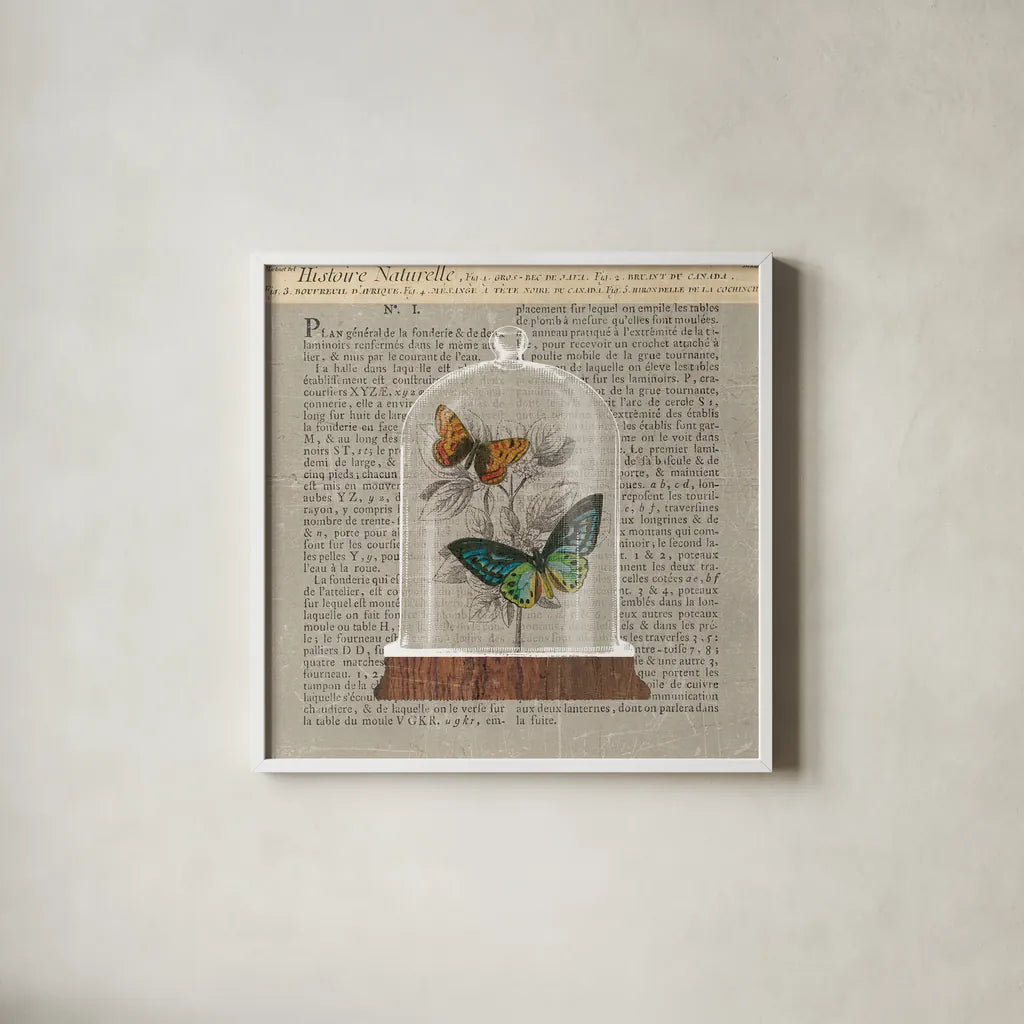 Nature Under Glass Newsprint II by Sue Schlabach. Shown in a crisp white glass frame for a clean and minimalist style. Available as an archival giclee rolled canvas, fine art paper, or poster print. SKU 44734a.