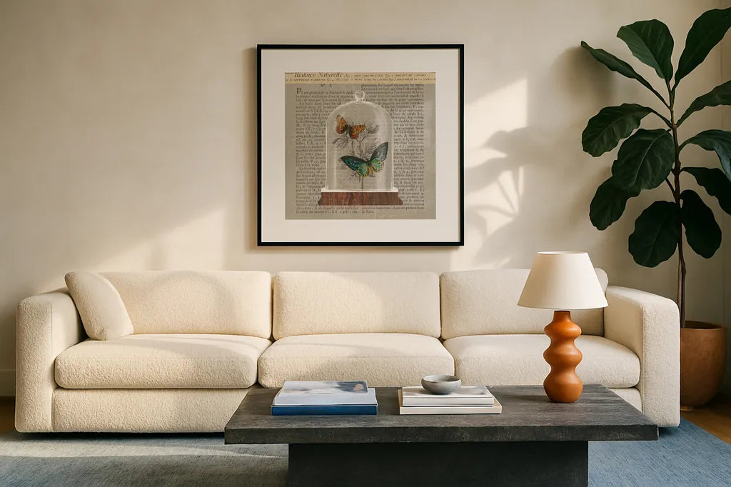 Nature Under Glass Newsprint II by Sue Schlabach. Displayed in a glass frame with matte in a clean modern living room. Available as an archival giclee rolled canvas, fine art paper, or poster print. SKU 44734a.