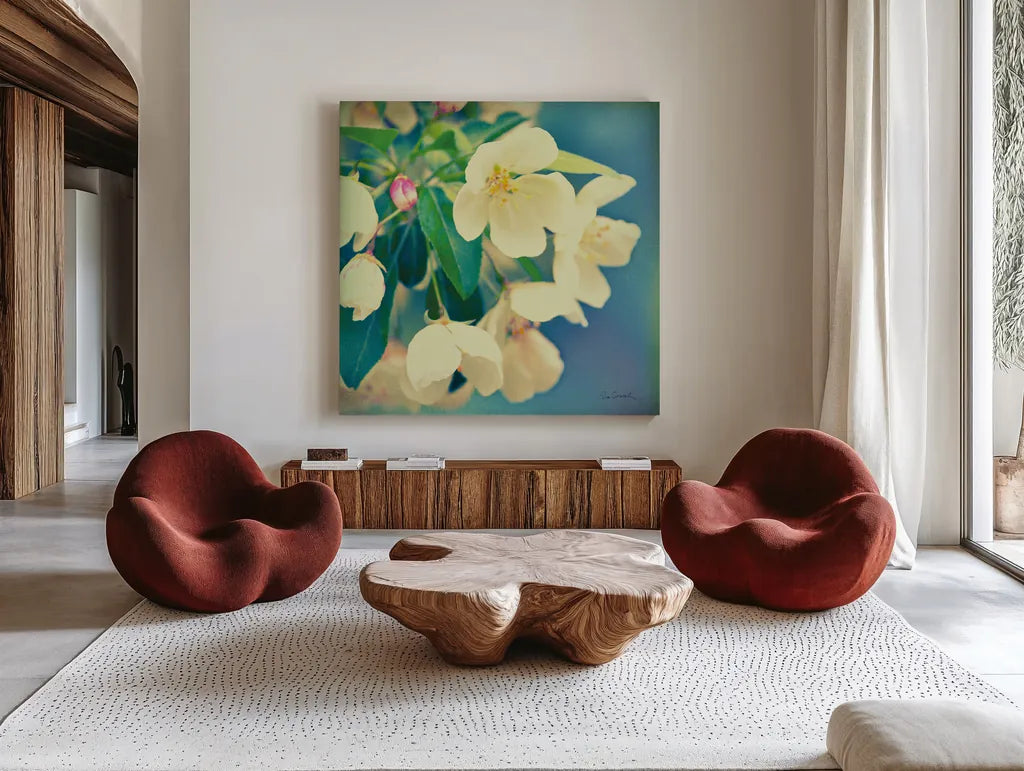 Natures Apple Blossom by Sue Schlabach. Shown as extra-large giant wall art in a modern living room. Available as an archival giclee rolled canvas, fine art paper, or poster print. SKU 10347a.