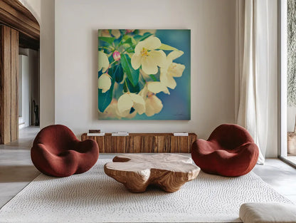 Natures Apple Blossom by Sue Schlabach. Shown as extra-large giant wall art in a modern living room. Available as an archival giclee rolled canvas, fine art paper, or poster print. SKU 10347a.