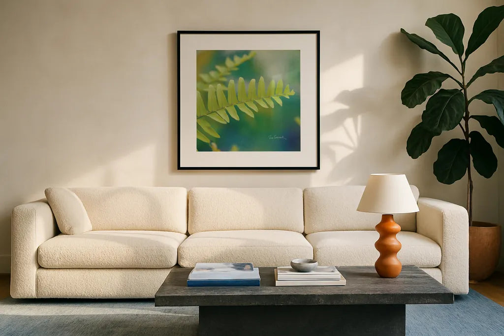 Natures Ferns I No Border by Sue Schlabach. Displayed in a glass frame with matte in a clean modern living room. Available as an archival giclee rolled canvas, fine art paper, or poster print. SKU 10496a.
