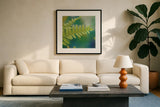 Natures Ferns I No Border by Sue Schlabach. Displayed in a glass frame with matte in a clean modern living room. Available as an archival giclee rolled canvas, fine art paper, or poster print. SKU 10496a.