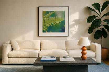 Natures Ferns I No Border by Sue Schlabach. Displayed in a glass frame with matte in a clean modern living room. Available as an archival giclee rolled canvas, fine art paper, or poster print. SKU 10496a.