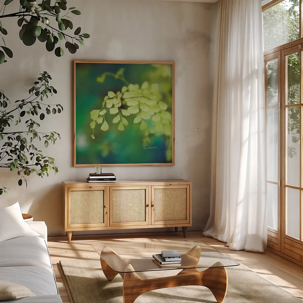 Natures Ferns II No Border by Sue Schlabach. Shown in a natural wood frame in a cozy modern living room. Available as an archival giclee rolled canvas, fine art paper, or poster print. SKU 10497a.