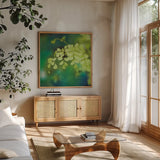 Natures Ferns II No Border by Sue Schlabach. Shown in a natural wood frame in a cozy modern living room. Available as an archival giclee rolled canvas, fine art paper, or poster print. SKU 10497a.