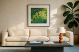 Natures Ferns II No Border by Sue Schlabach. Displayed in a glass frame with matte in a clean modern living room. Available as an archival giclee rolled canvas, fine art paper, or poster print. SKU 10497a.
