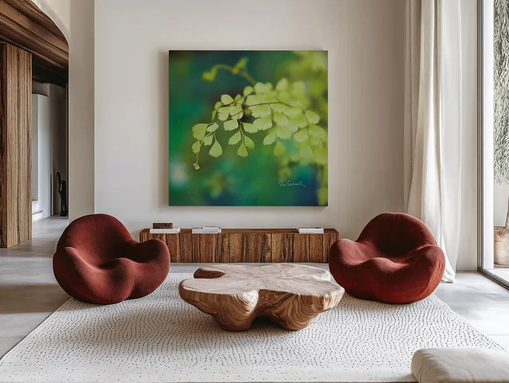 Natures Ferns II No Border by Sue Schlabach. Shown as extra-large giant wall art in a modern living room. Available as an archival giclee rolled canvas, fine art paper, or poster print. SKU 10497a.