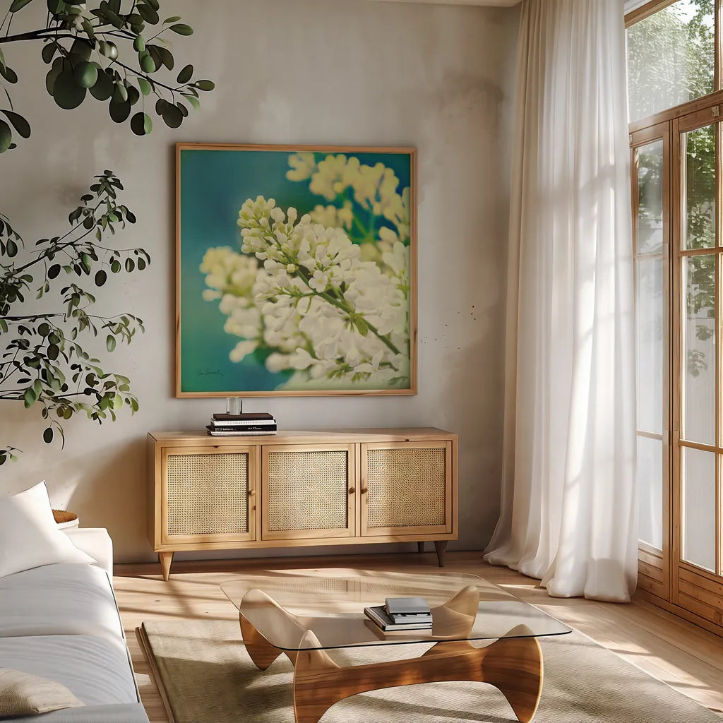Natures Lilac Blossom by Sue Schlabach. Shown in a natural wood frame in a cozy modern living room. Available as an archival giclee rolled canvas, fine art paper, or poster print. SKU 10348a.