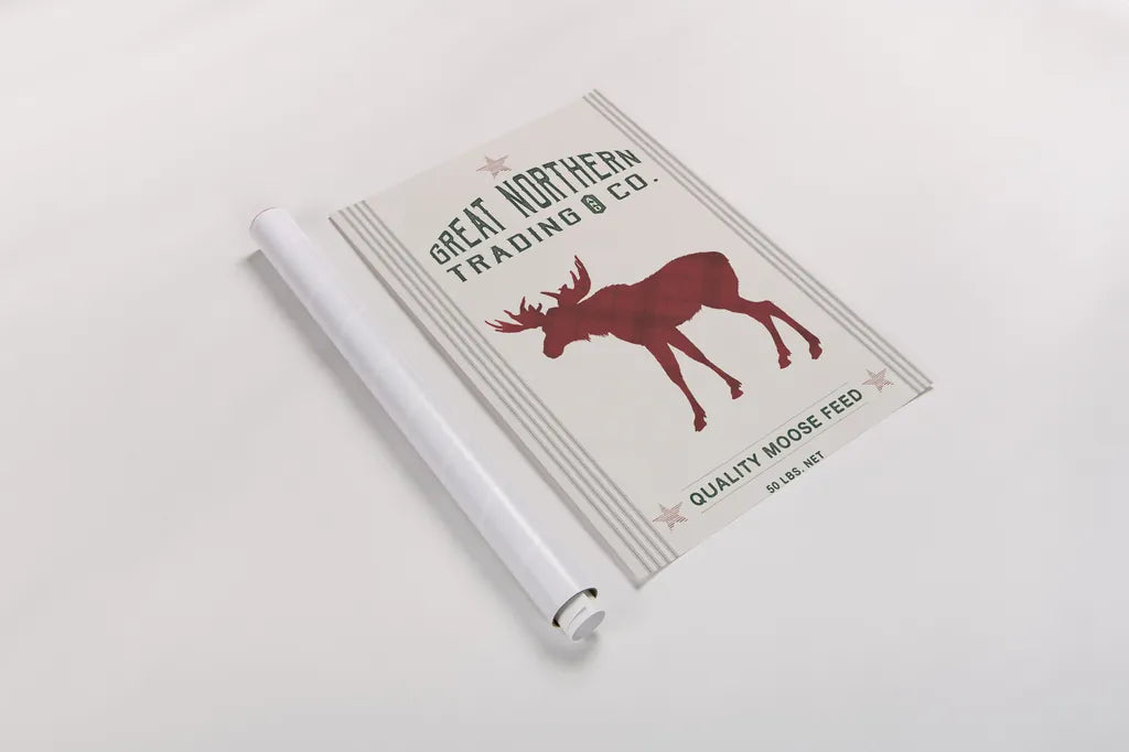 Northern Trading Moose Feed v2 by Sue Schlabach. shown as a rolled paper print. Available as archival giclee rolled canvas, fine art paper, or poster print. SKU 65049h.