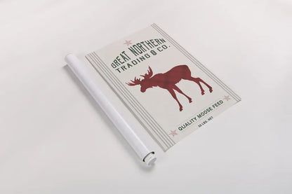 Northern Trading Moose Feed v2 by Sue Schlabach. shown as a rolled paper print. Available as archival giclee rolled canvas, fine art paper, or poster print. SKU 65049h.
