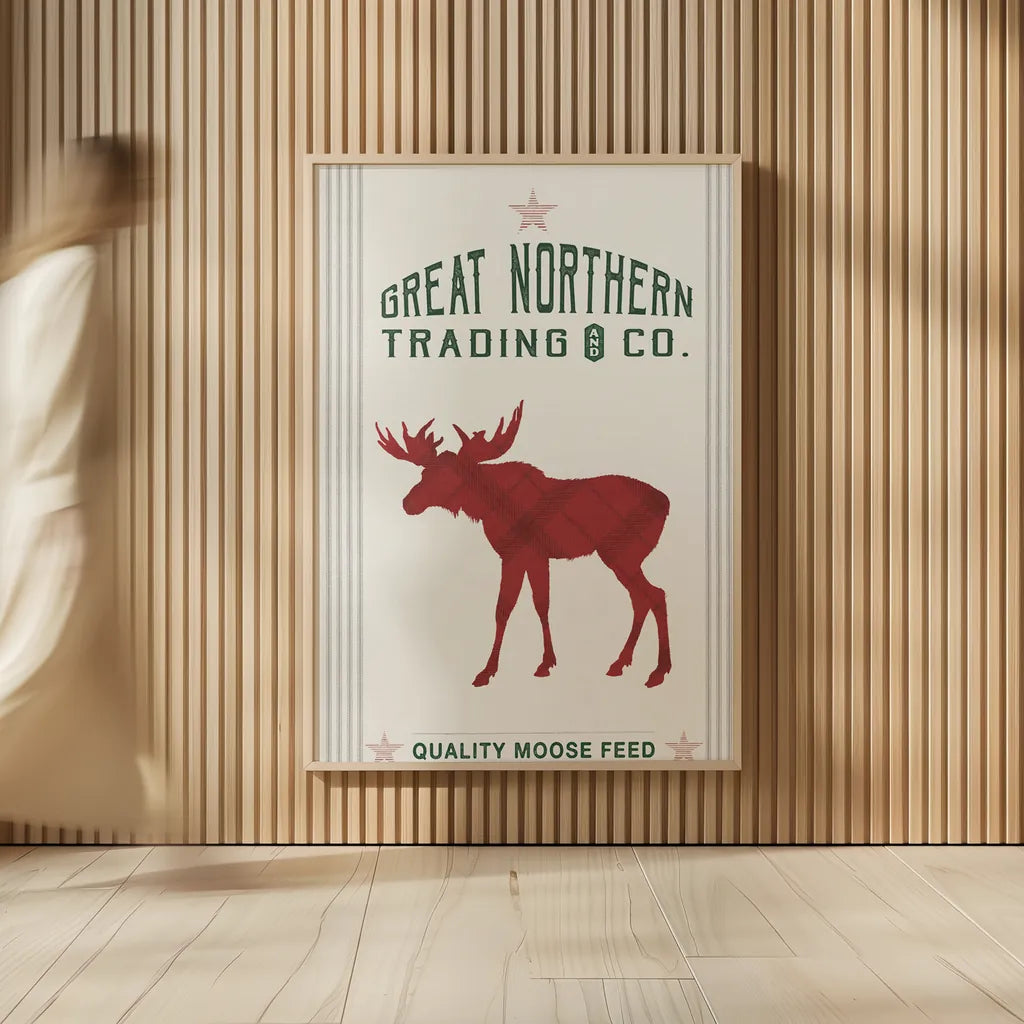 Northern Trading Moose Feed v2 by Sue Schlabach. shown as over sized large wall art. Available as an archival giclee rolled canvas, fine art paper, or poster print. SKU 65049h.