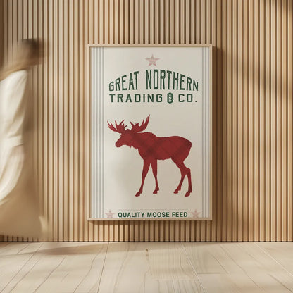 Northern Trading Moose Feed v2 by Sue Schlabach. shown as over sized large wall art. Available as an archival giclee rolled canvas, fine art paper, or poster print. SKU 65049h.