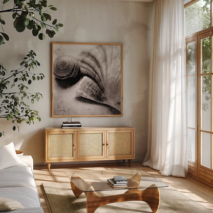 Ocean Treasures Square by Sue Schlabach. Shown in a natural wood frame in a cozy modern living room. Available as an archival giclee rolled canvas, fine art paper, or poster print. SKU 5847a.